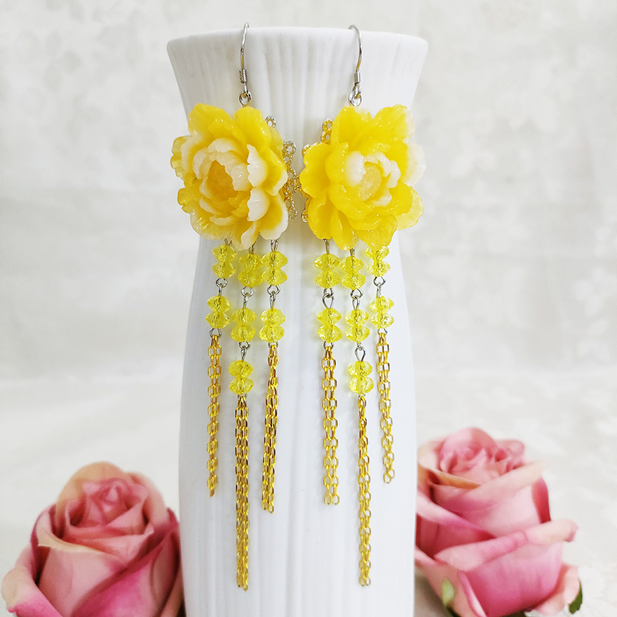 铜合金玻璃耳饰 民族风黄色气质百搭长款花卉流苏耳环2843