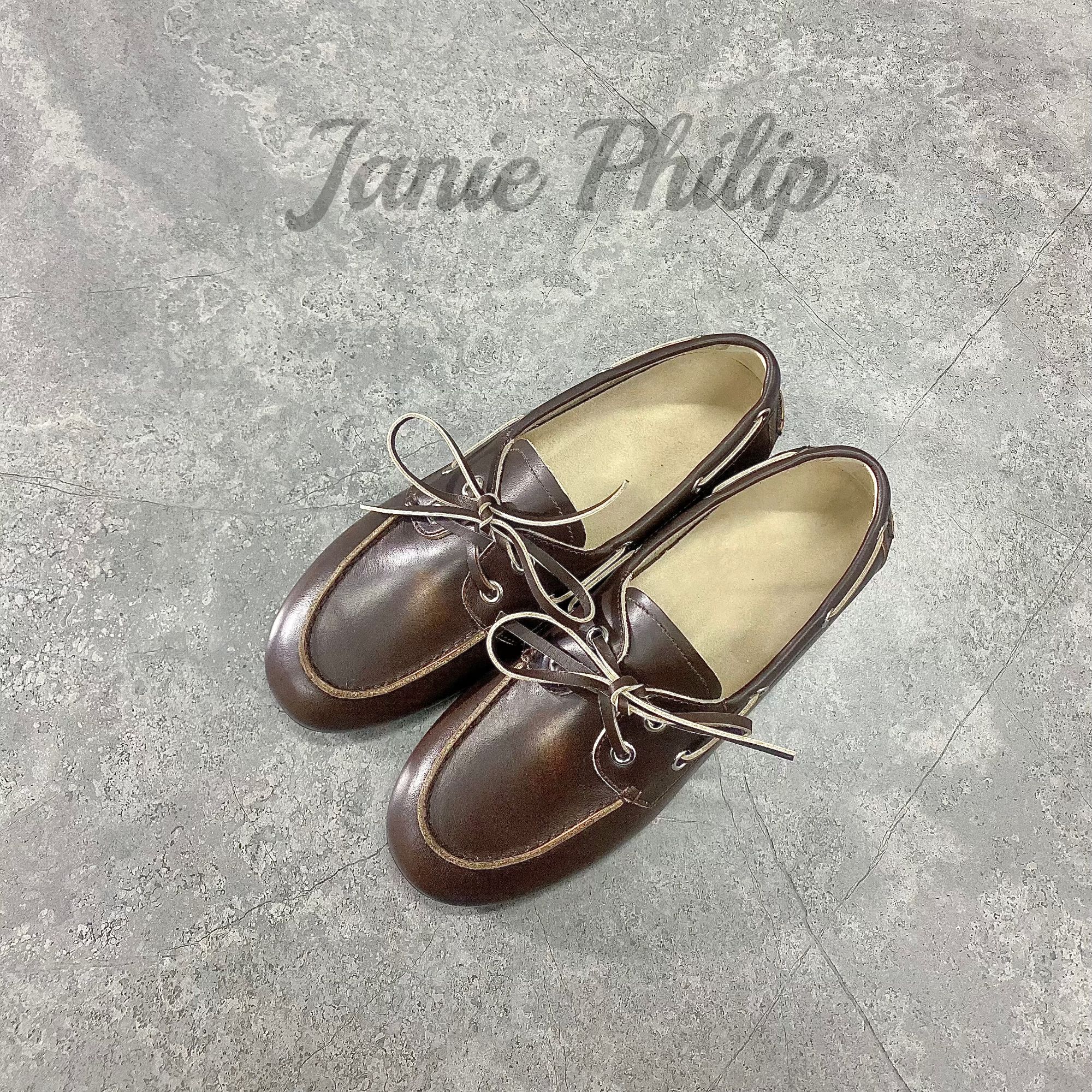 janie Philip乐福鞋 真皮牛皮 复古做旧擦色 软底软面 平底豆豆鞋