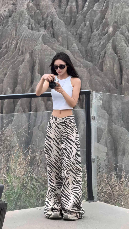 美式辣妹斑马纹阔腿牛仔裤女2025夏季新款高腰宽松百搭直筒拖地裤