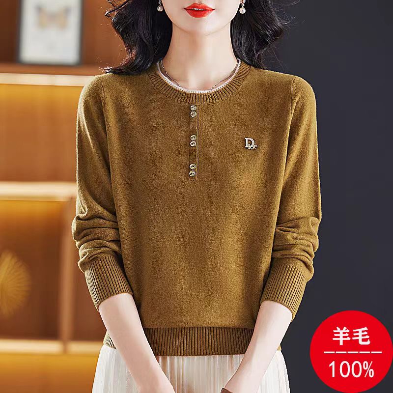 黛妍782冬季新款100%羊毛洋气时尚双层领口圆领针织套头上衣