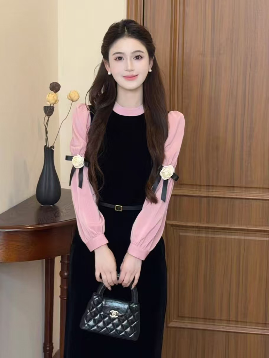 W259 秋冬新款黑粉玫瑰法式千金风长裙假两件连衣裙