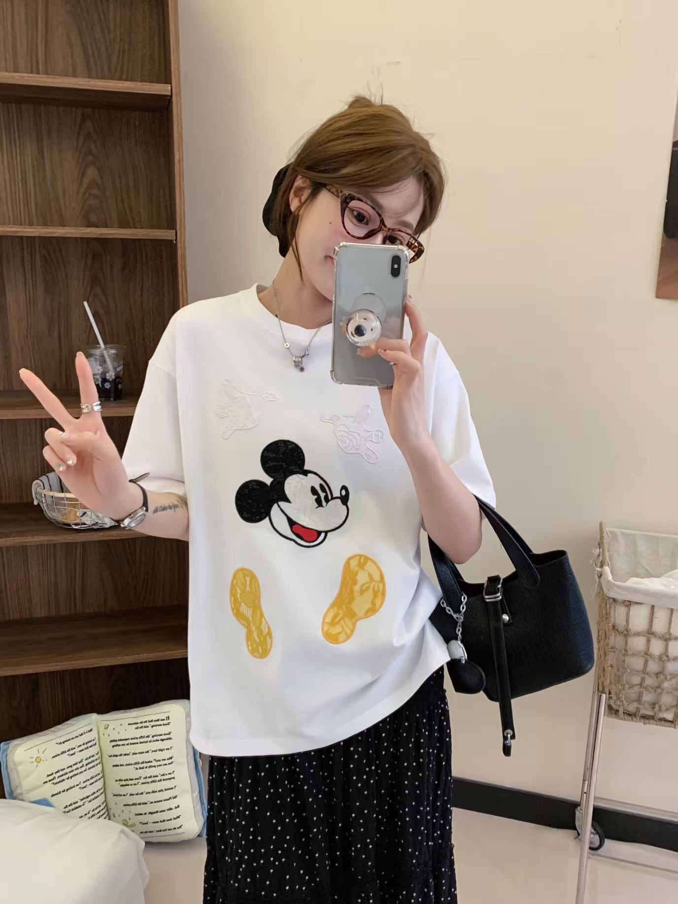 程程甄选-「品质叠搭」韩国单设计感刺绣卡通米奇时尚纯棉T恤788