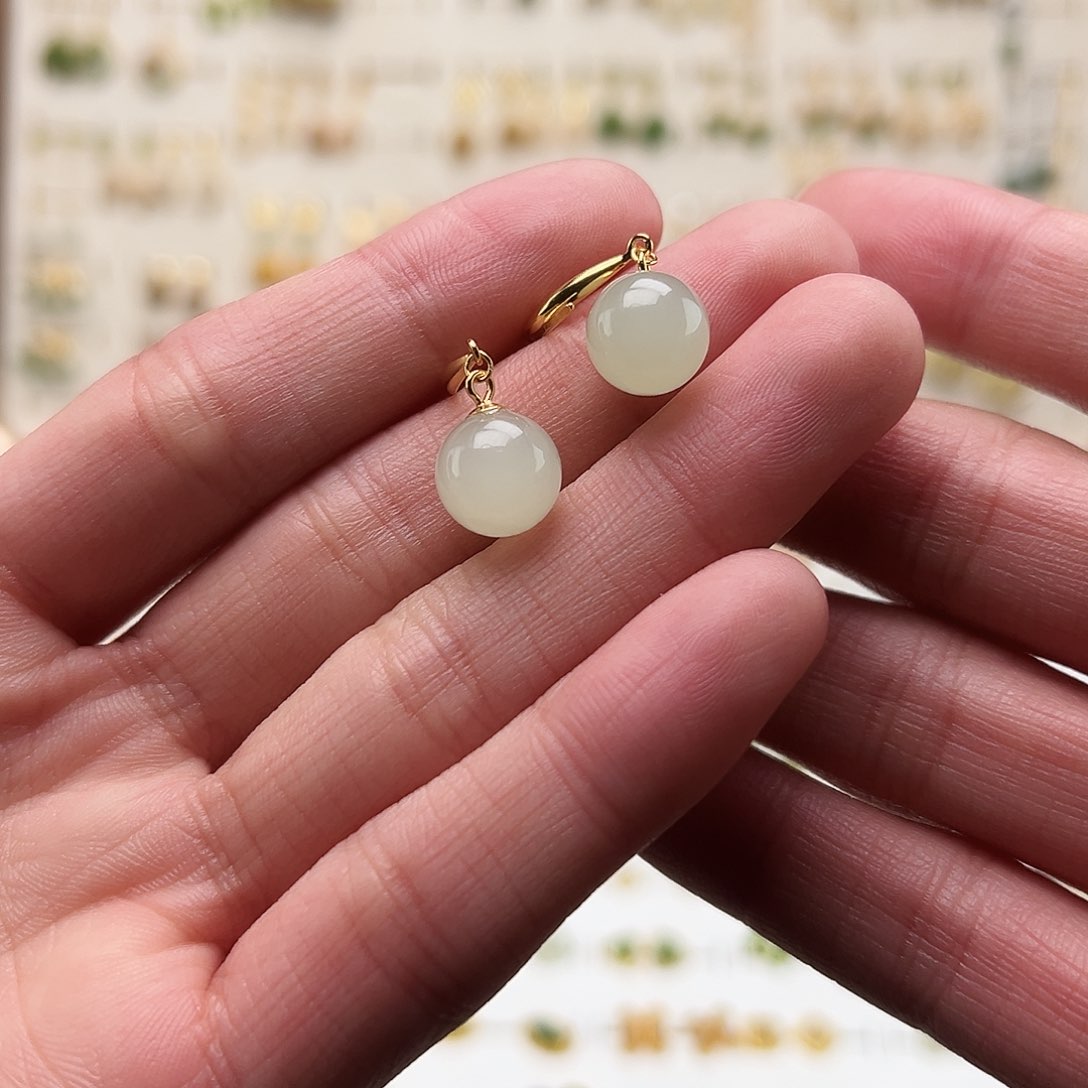 银S925镀金镶嵌和田玉耳饰海*