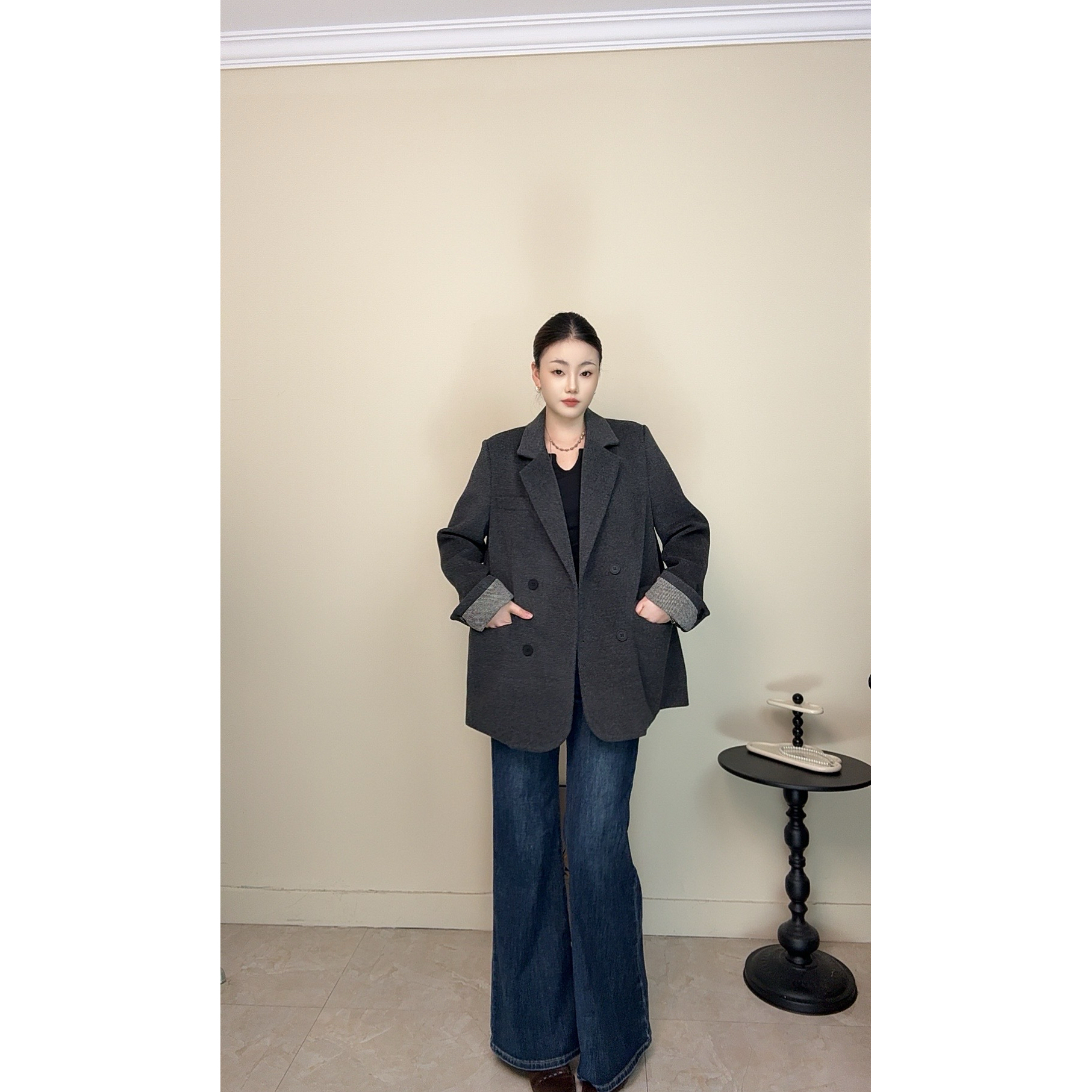 【莫芊芊】2025秋冬季西装毛呢外套女廓形加厚小西服