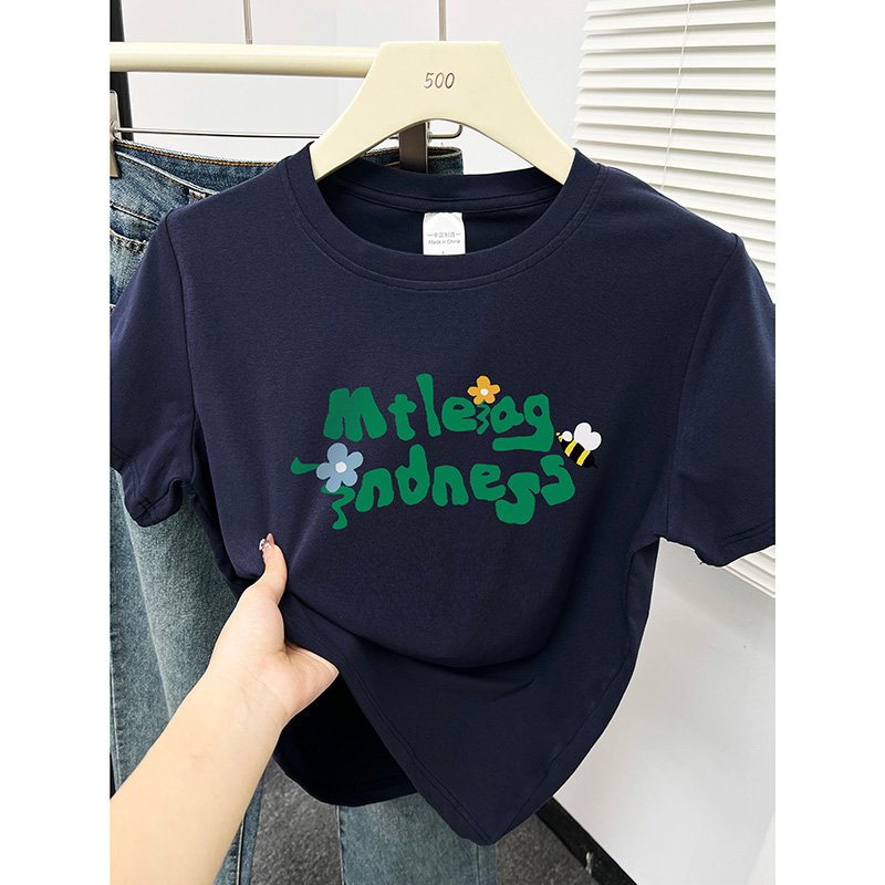 藏蓝色正肩显瘦短袖T恤女夏季新款设计感字母印花百搭圆领上衣服