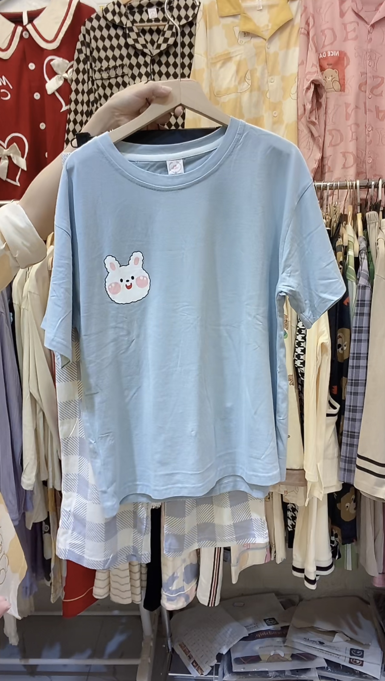 郑小姐~夏季新款休闲纯棉居服套装翻领短袖套装蓝色7分袖短袖