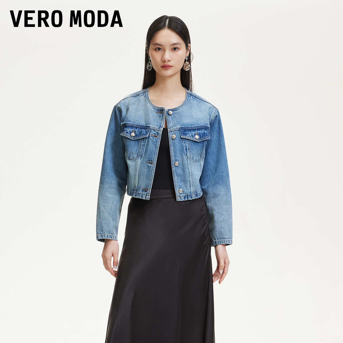 Vero Moda短外套装复古水洗磨白牛仔外套百搭流光风老钱风女装