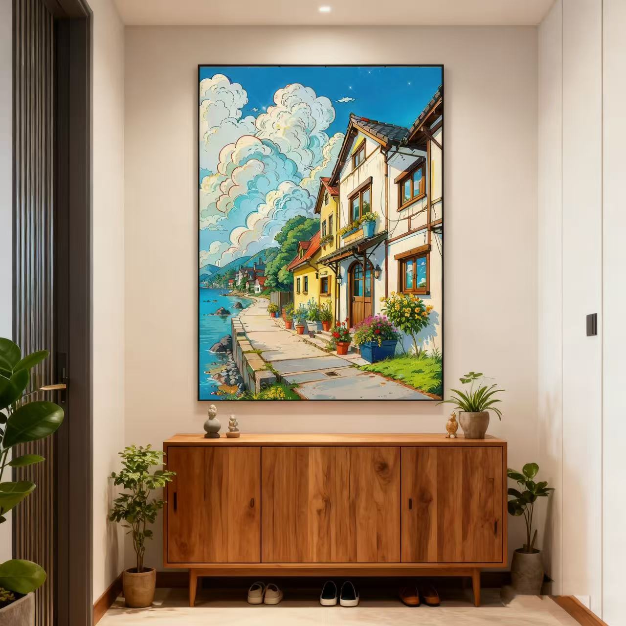 D87宫崎骏风格海边书店系风景装饰画适合客厅餐厅咖啡厅装饰60*80