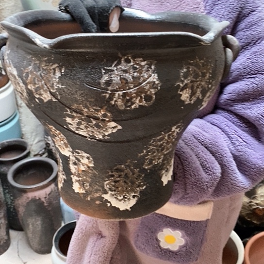 紫砂花盆口32高27，黑泼墨耳环