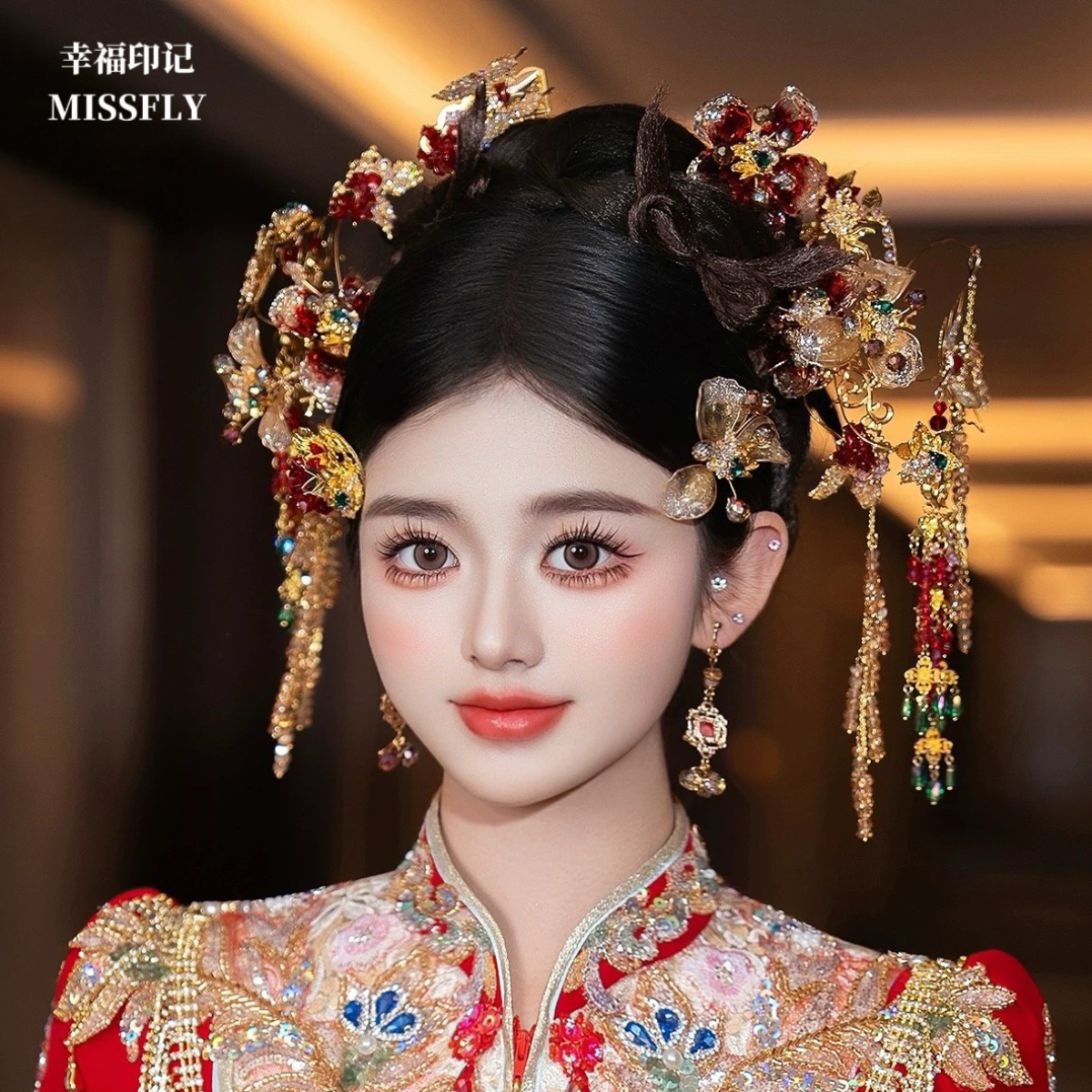 新娘金红色秀禾头饰旗袍晨袍汉服减龄灵动重工新中式婚礼发饰