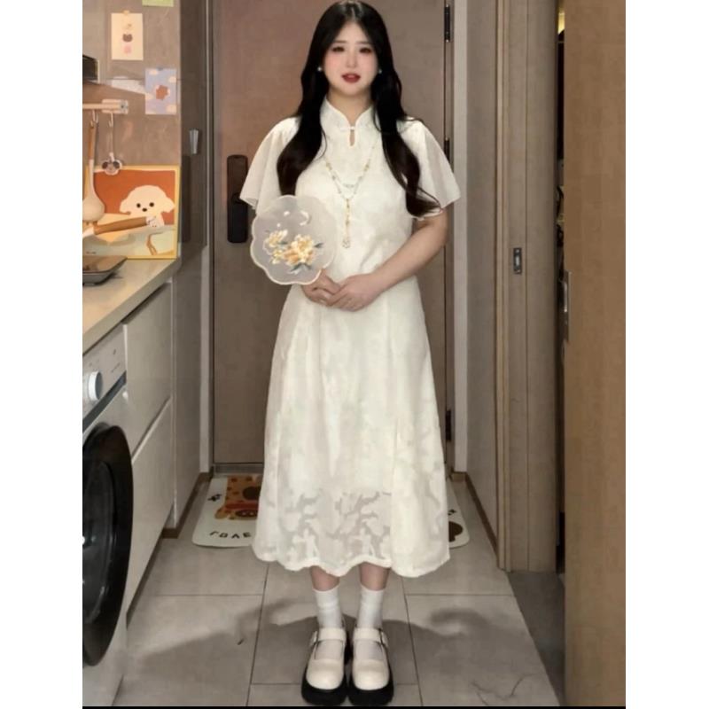 胖mm甜美感新中式改良版旗袍收腰碎花连衣裙国风长裙