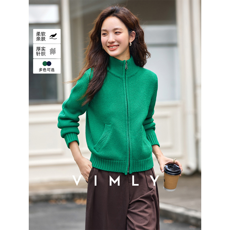 梵希蔓绿色老风翻领针织开衫女冬拉链高领休闲百搭上衣75185