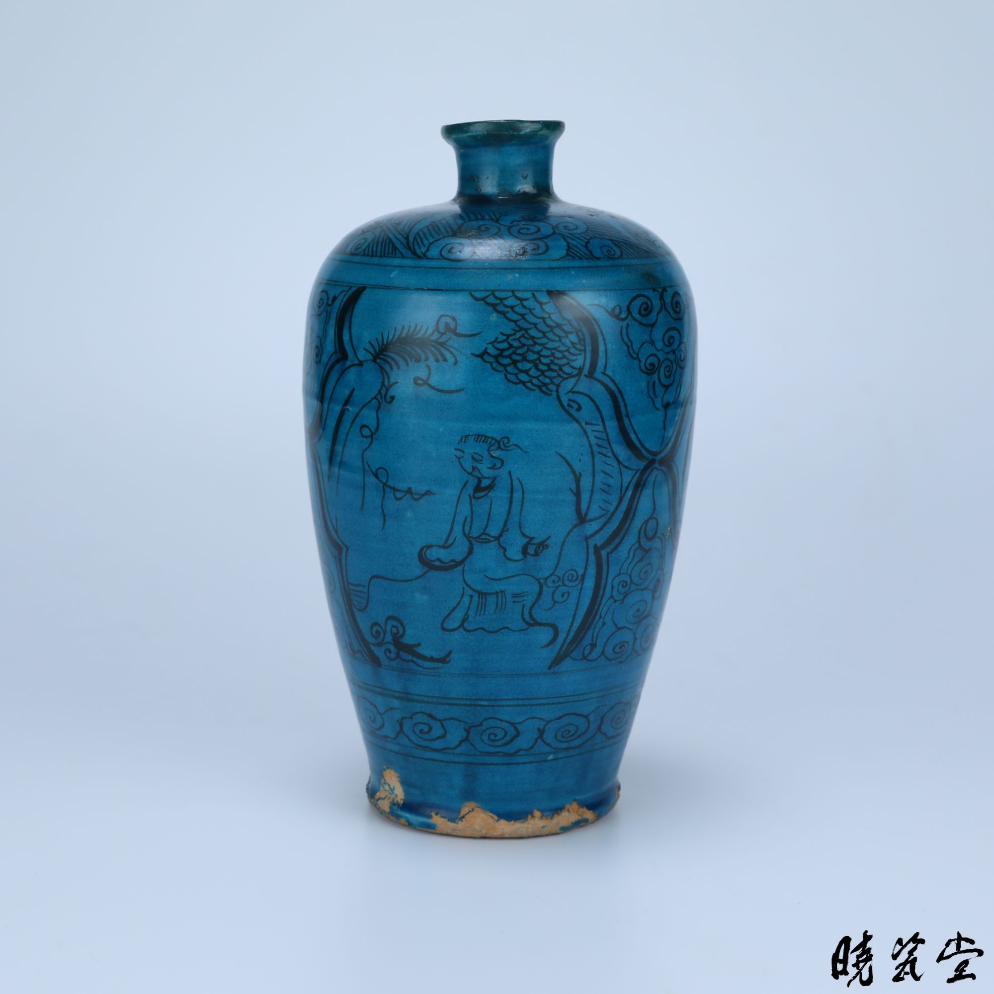 【晓瓷堂】明 磁州窑孔雀蓝釉人物梅瓶 QT250515