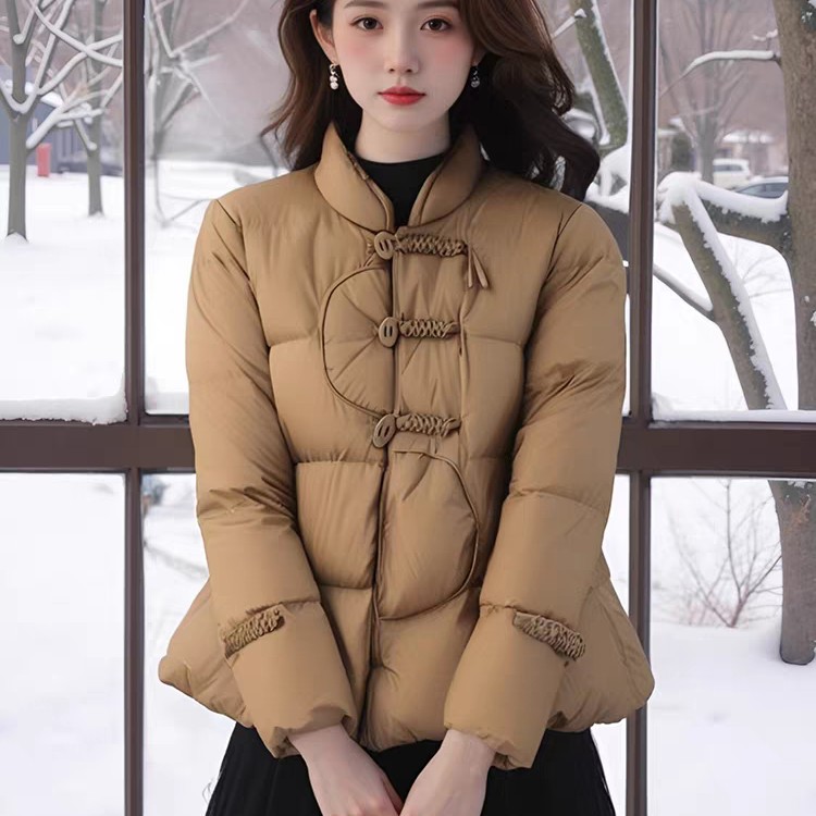 羽绒服秋冬时尚冬季短款格子保暖立领流苏立领宽松韩版轻薄女士