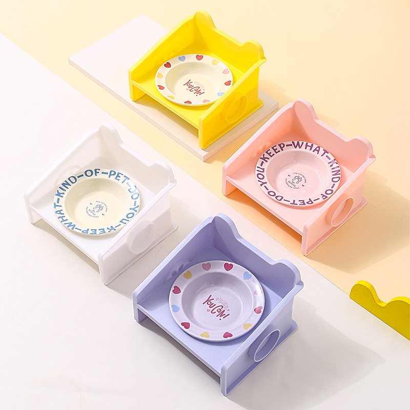 卡通花边碗陶瓷方块猫碗架猫咪防打翻防漏食狗碗猫食盆护颈宠物碗