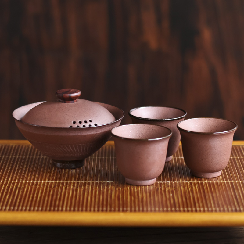 小黑原矿老陶泥斗笠盖碗+3杯套组百搭复古斋居（Q5075）