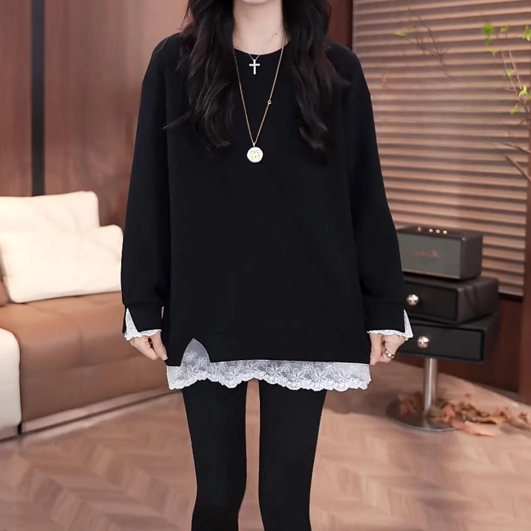2025秋冬季时尚新款设计感假两件显瘦长袖T恤女拼接蕾丝打底上衣