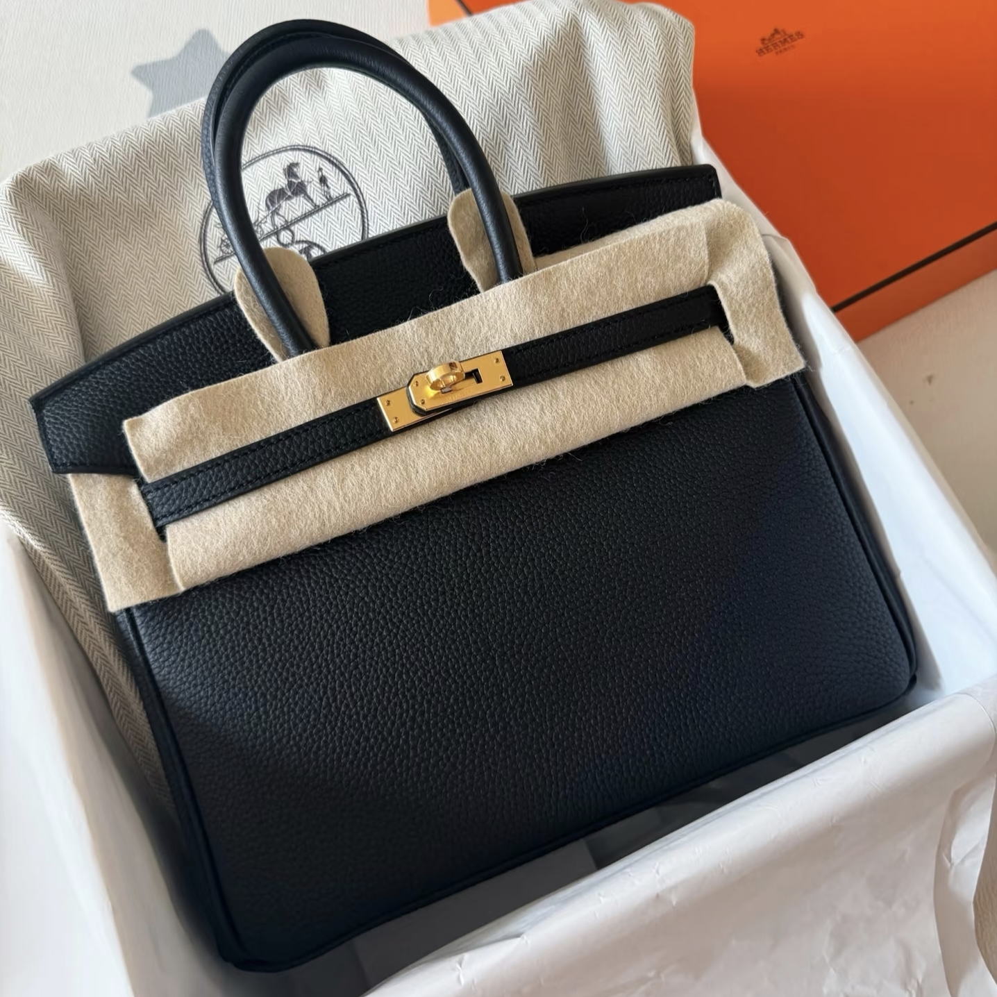 未使用 Hermes/爱马仕 birkin25 黑金 togo手提包 K刻