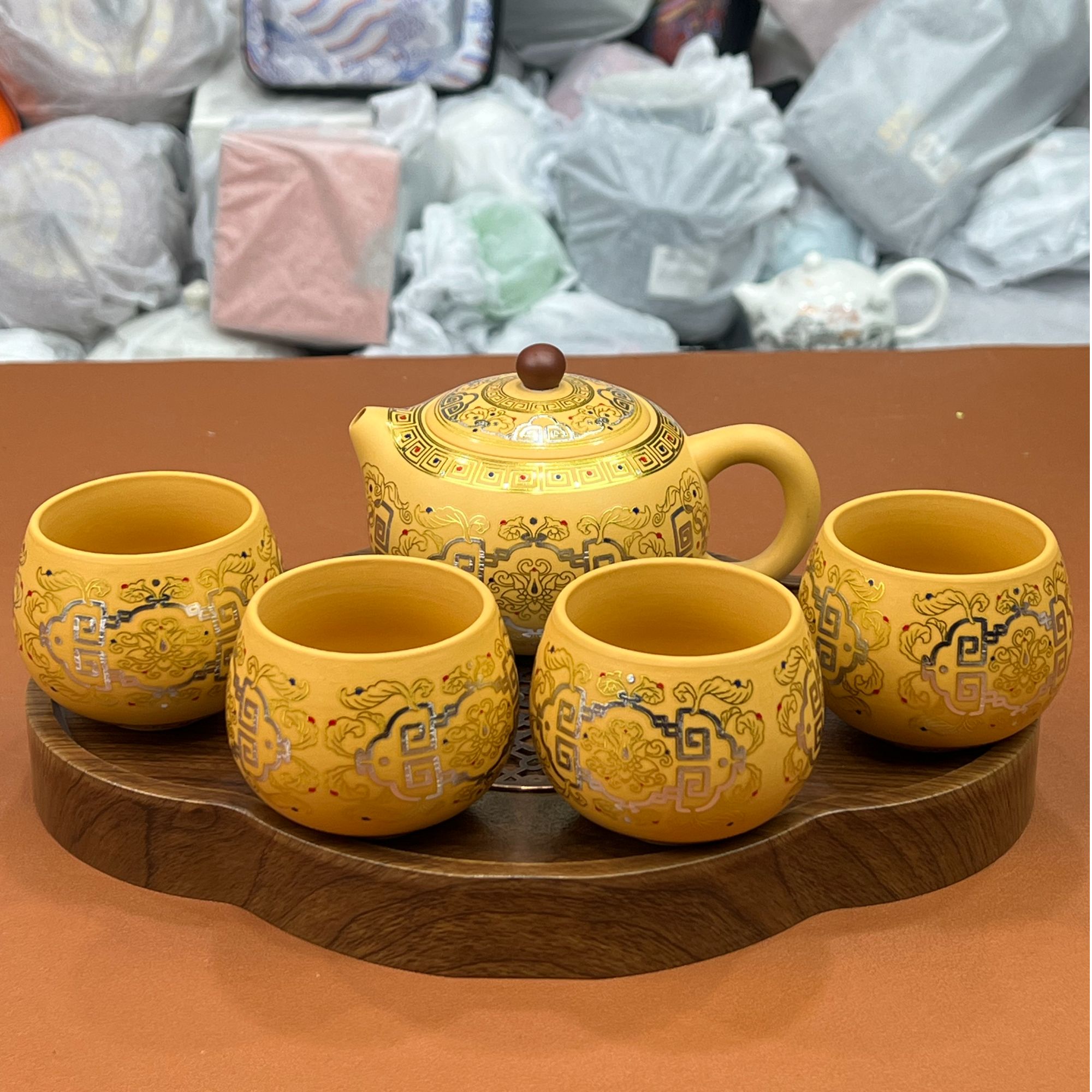 黄段泥吉祥如意一壶四杯+胡桃木云朵茶盘@@ZH2498