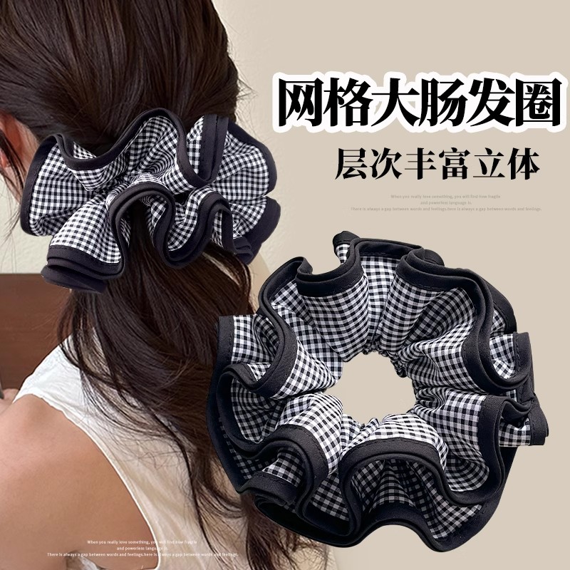 丸子头扎头发绳高弹力皮筋头绳超大号双层黑蓝格纹大肠发圈ins风