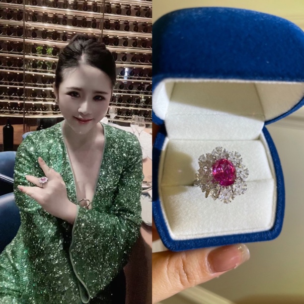 培育红宝石925银镀金满钻豪镶培育粉蓝宝戒指