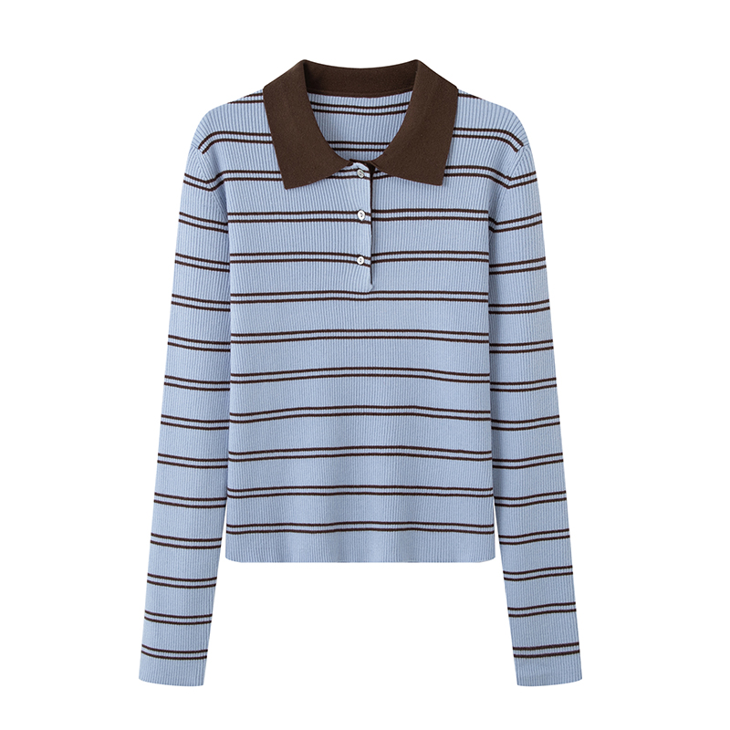 MM2025秋季新款通勤百搭上衣POLO领条纹针织衫女5GA331402