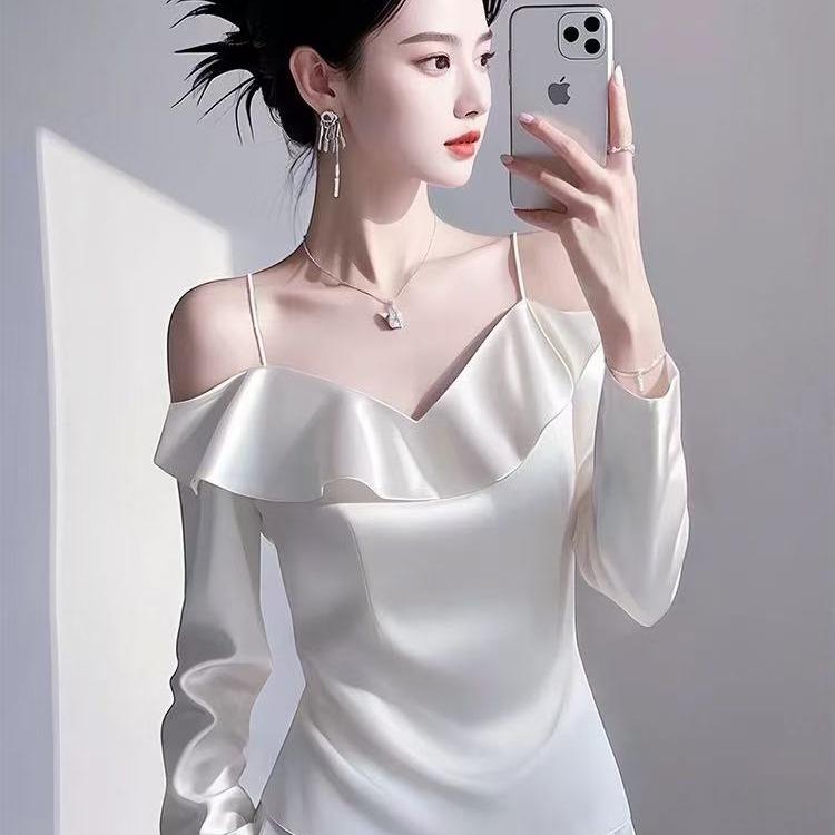 白色高级感法式设计感长袖衬衫女春季缎面吊带气质荷叶边别致上衣