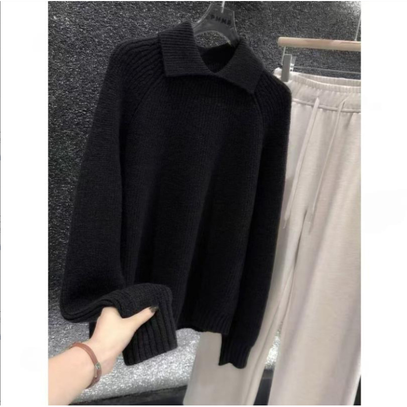 【佳佳的织黛女装】深黑咖翻领显瘦不挑人！加厚冬季宽松套头针织毛