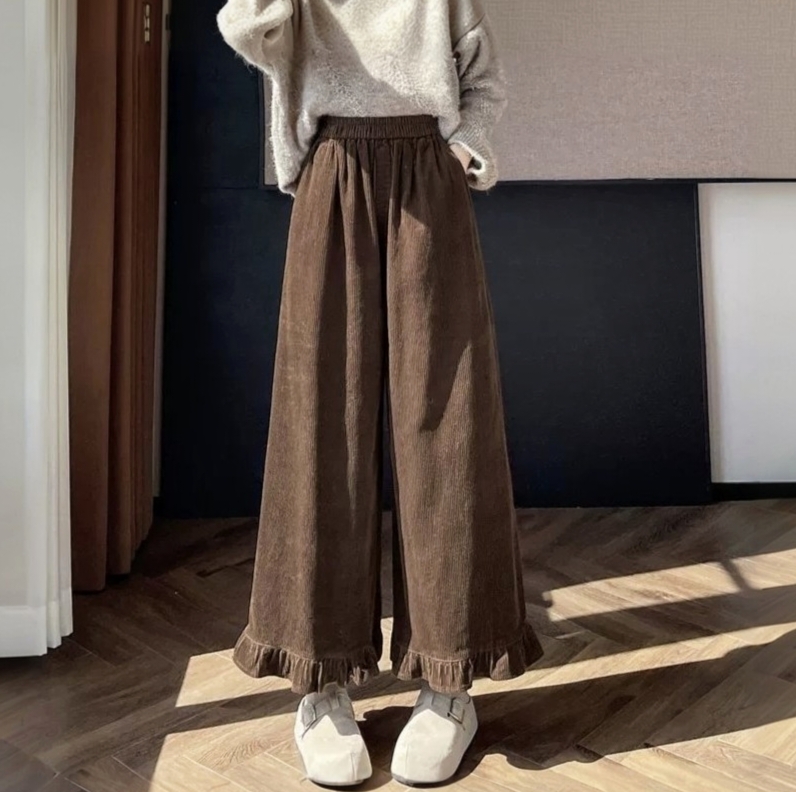 美拉德咖色灯芯绒条绒裤子女秋冬2025新款松紧腰棕色木耳边阔腿裤