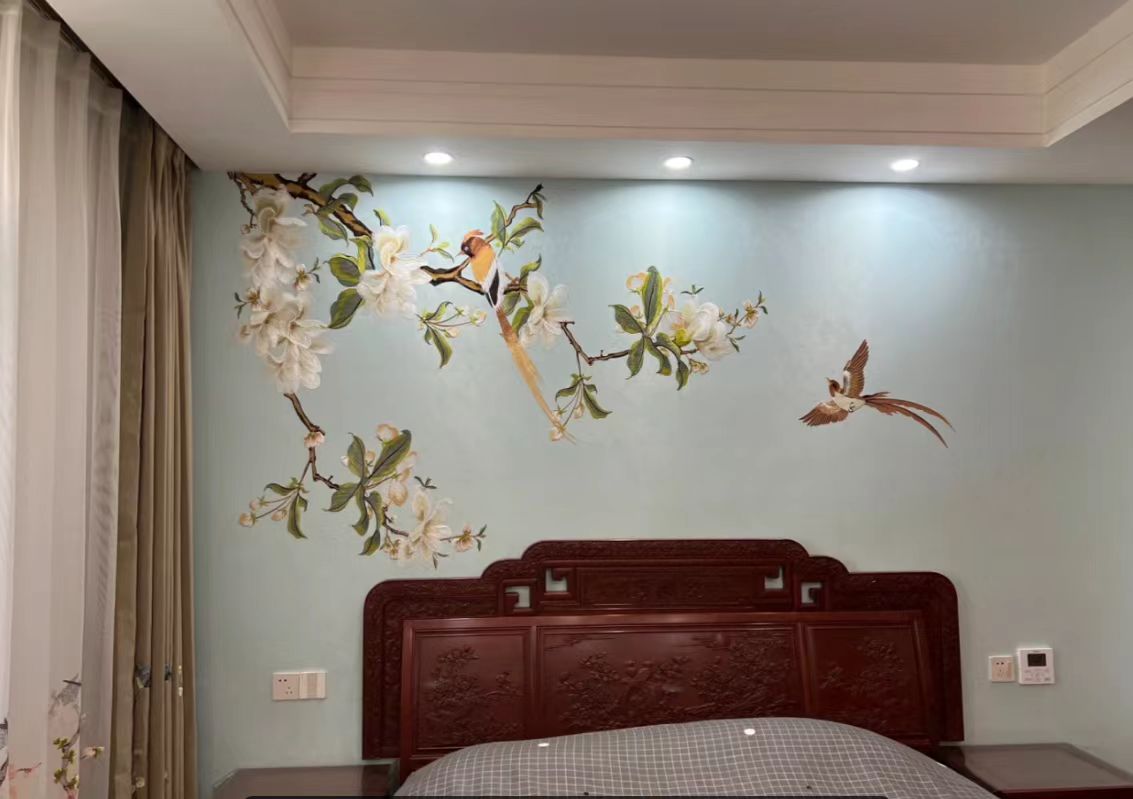 新中式独绣玉兰花鸟刺绣背景墙布适用于电视沙发床头