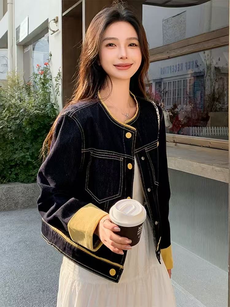 X.R 2025春季新款港风复古短款牛仔外套女长袖圆领小个子夹克潮