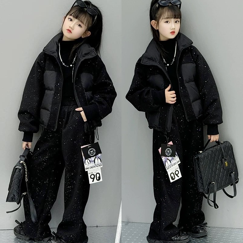 中大童2025冬季新款满天星短款棉衣拼接棉服休闲直筒裤套装两件套