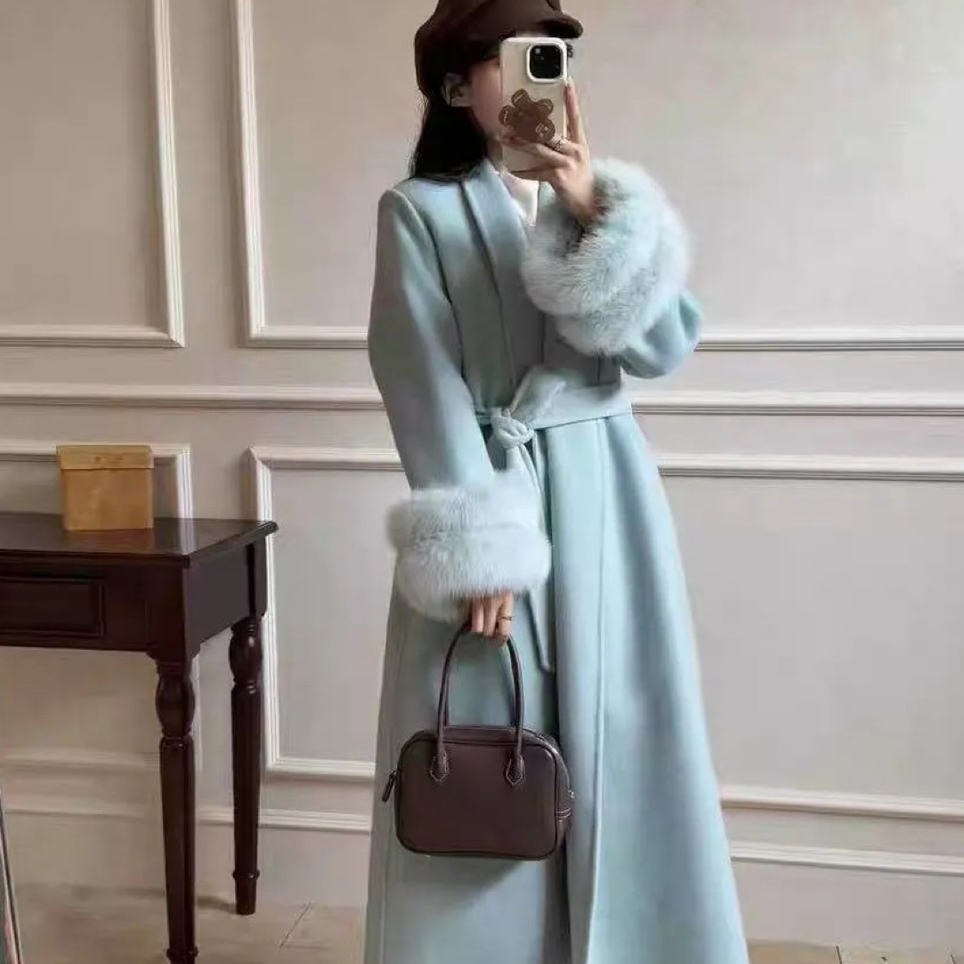 高级感狐狸毛双面羊毛大衣女长款立领显瘦毛呢外套秋冬新款气质