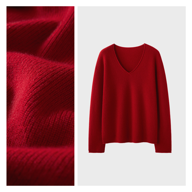 【氛围色调】康赛妮100%山羊绒 新年款V领显白红色长袖上衣