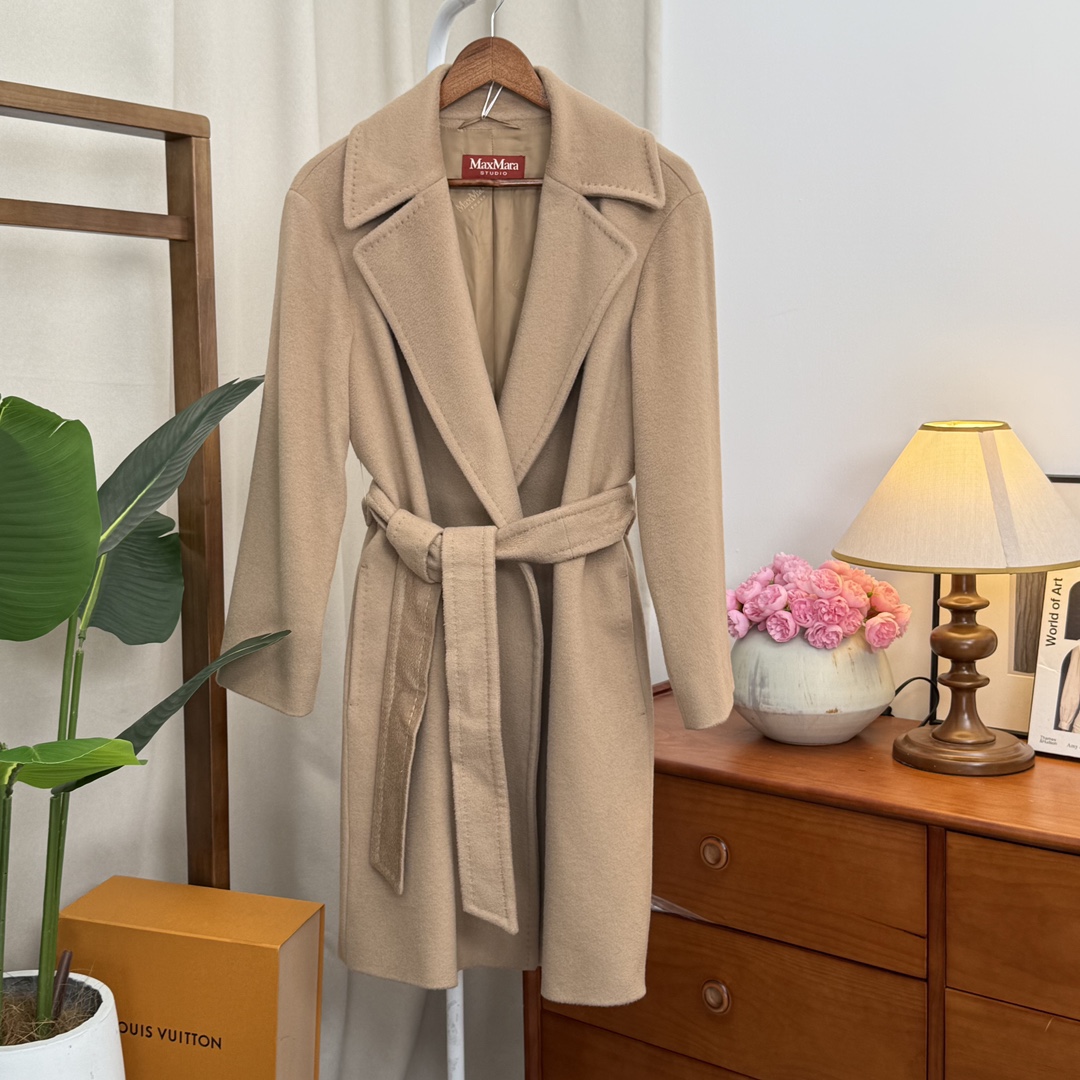 99新 MaxMara 青奢荟/38码/浴袍款羊绒浅驼中长款秋冬大衣//86128