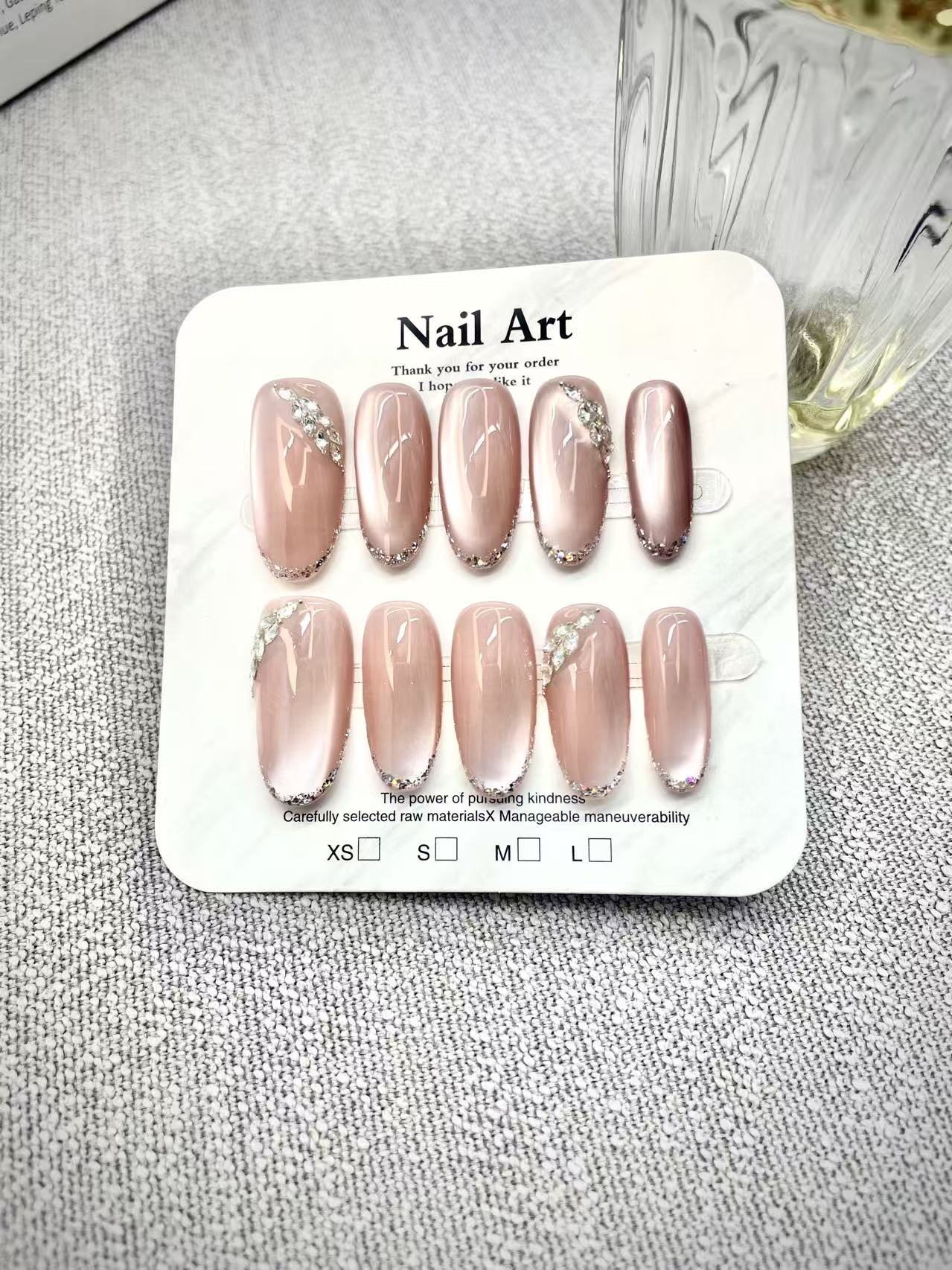 纯手工冰透裸色流光猫眼麦穗显白气质穿戴甲C2005