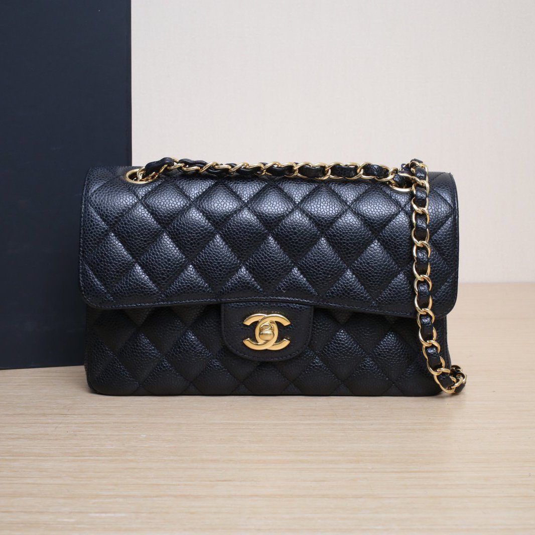 95新 Chanel/香奈儿 【双双】CF 小号 黑 荔枝皮革C 28开 金扣 