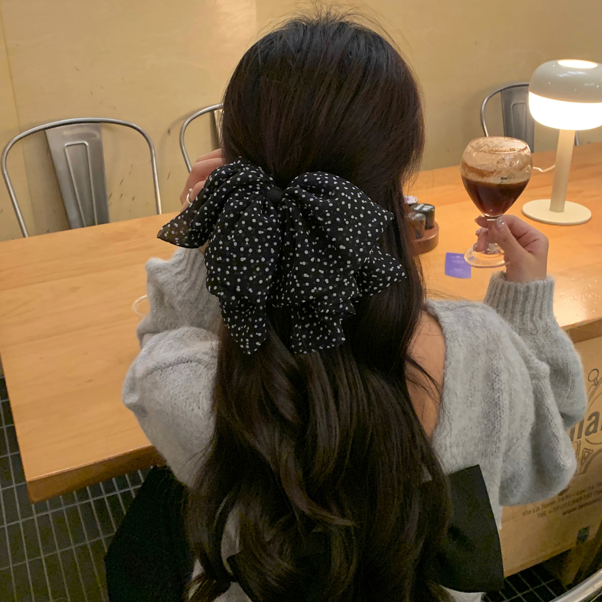 法式雪纺纱飘逸灵动黑白波点蝴蝶结马尾夹半扎发后脑勺鲨鱼夹抓夹