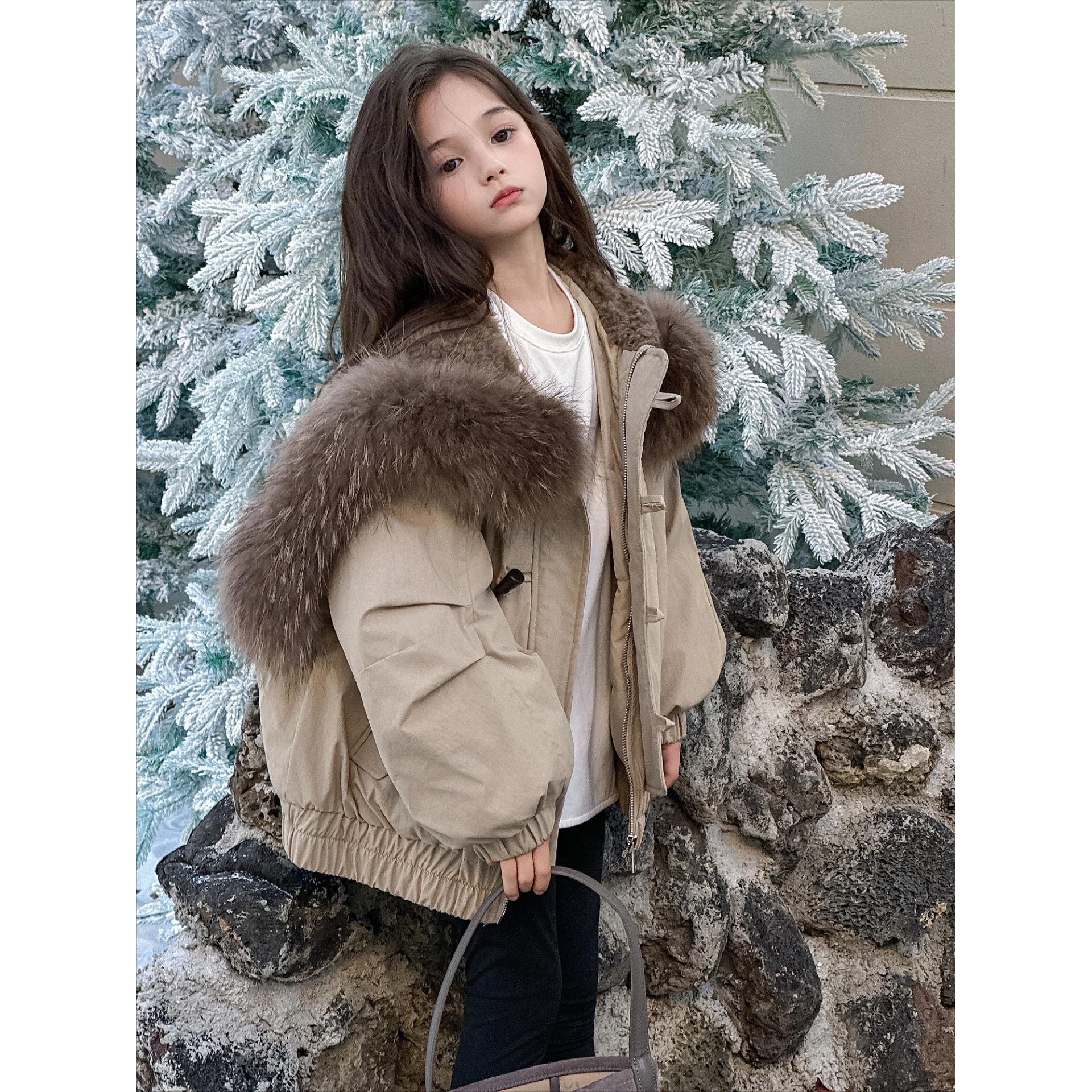 女童2025秋冬新款儿童派克羽绒服白鸭绒加厚真毛领男女童连帽外套