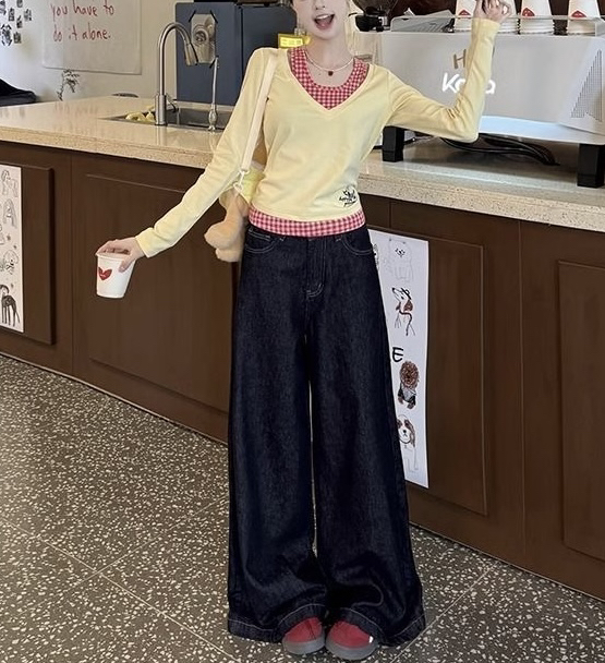 1352# 大码假两件春季新款格子拼接设计感小众内搭打底上衣