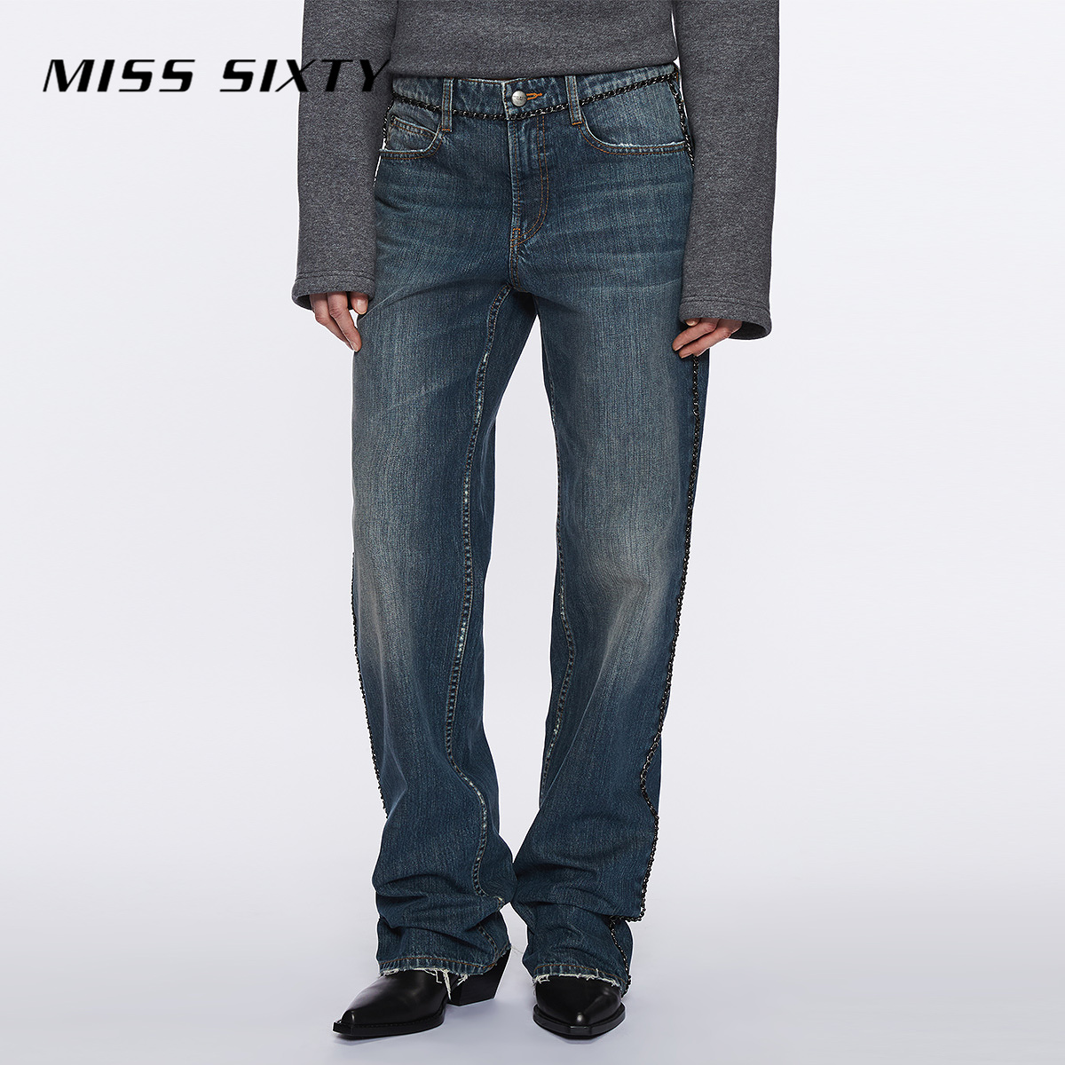 【进口牛仔面料】Miss Sixty秋季新款牛仔裤女直筒链条拼接小众