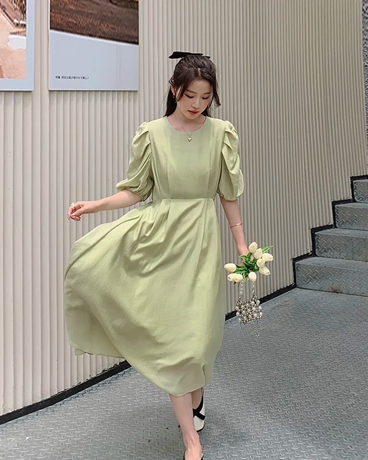春季新款果绿色圆领修身中长款显瘦舒适连衣裙 2086