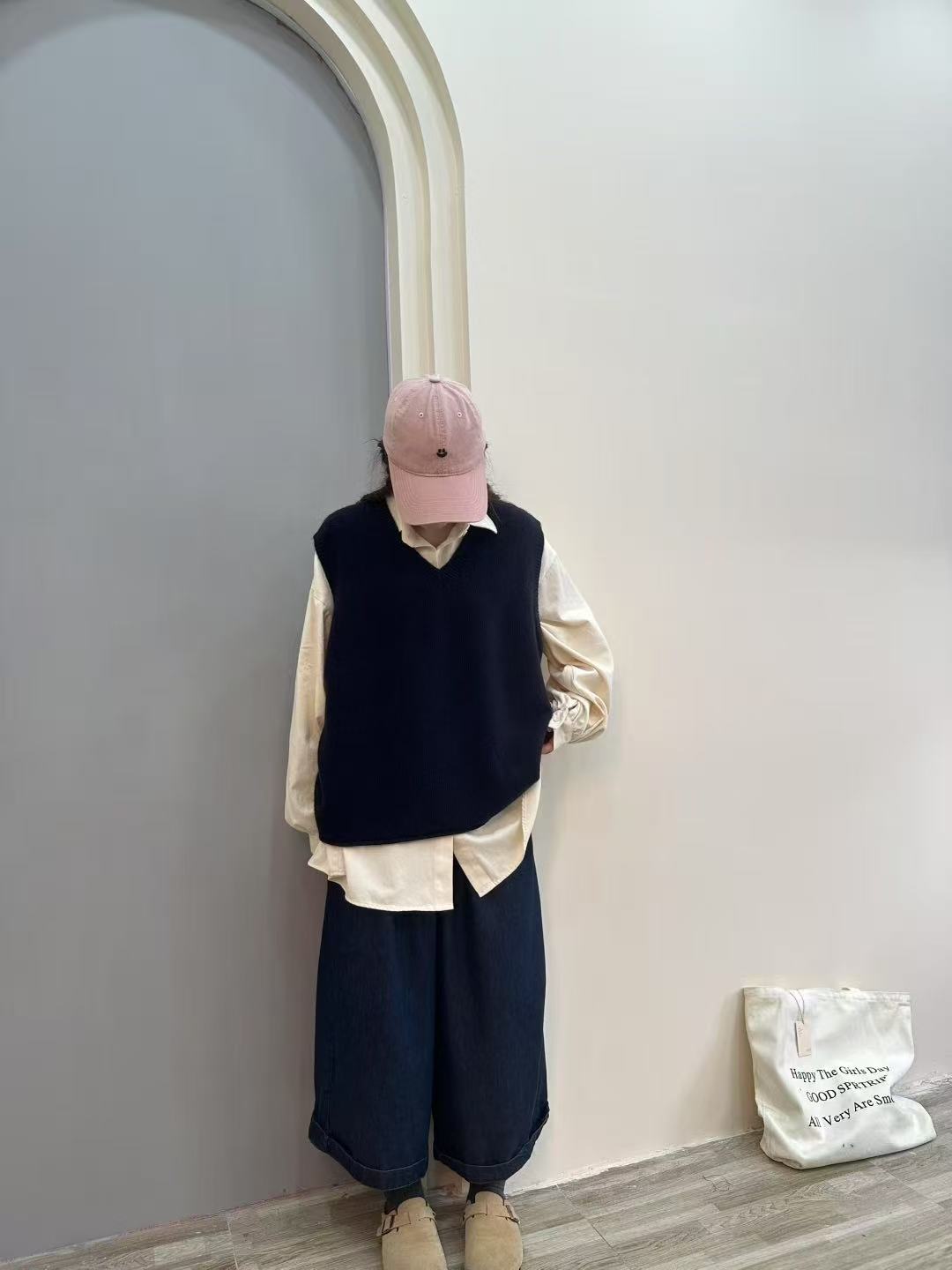 日系大版简约纯色时尚毛衣马8713休闲韩版洋气针织套i头宽松无袖