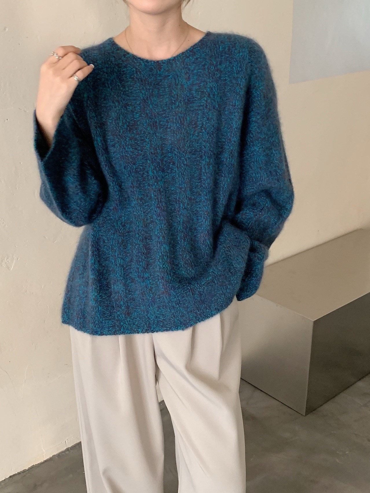 竖条圆领衫厚款花纱拉绒毛衣韩版长袖慵懒风网红针织时尚百搭1037