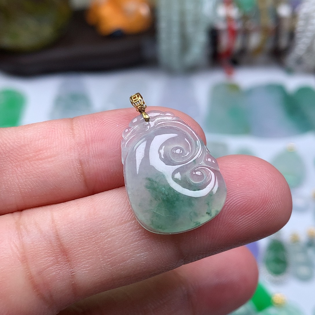 翡翠裸石18K金镶嵌缅甸天然A货翡翠冰种如意