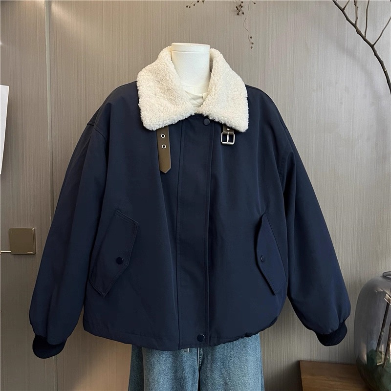 韩系立领羊羔毛拼接工装小个子外套慵懒ins风加绒加厚棉衣女秋冬