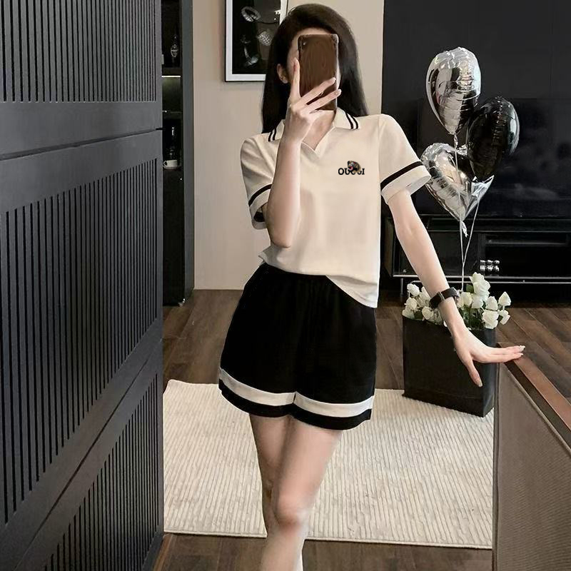 【粉丝专属】2件套夏季女短袖短裤宽松POLO领运动休闲印花套装女259
