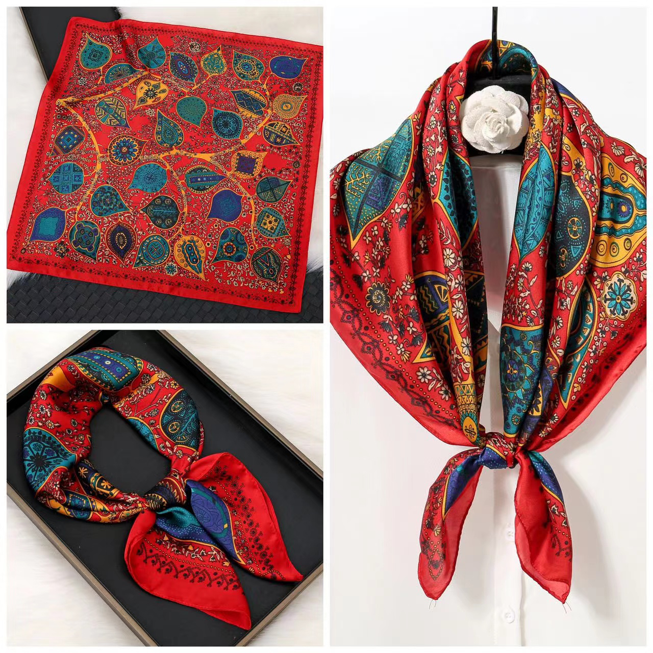 2025春新款丝巾搭配衬衫领巾围脖腰果时尚系脖百搭方巾绑发丝带女