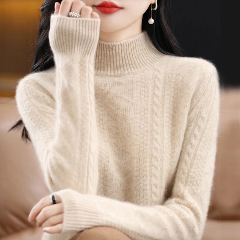 【重磅加厚】100%纯羊毛衫女高领套头加厚毛衣新款提花针织打底衫