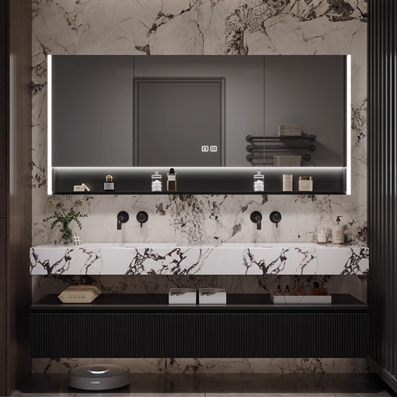 岩板无缝一体橡木浴室柜卫生间洗手盆组合双盆洗漱台酒店风